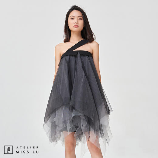 【酷仙女】西装领口斜肩带多层渐变黑纱礼裙 商品图2