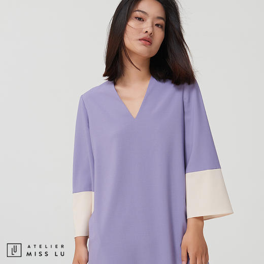 AtelierMissLu-【优雅之上】 香芋紫拼色简洁款连身裙 商品图0