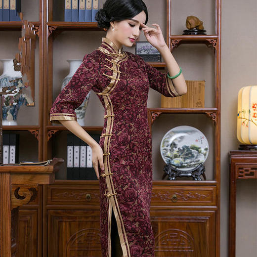 FD-QC1697201 新款高端复古真丝长款旗袍 商品图2