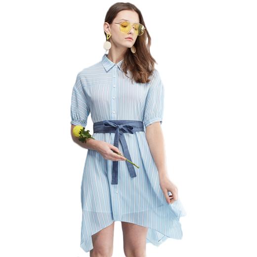 欧芮儿新款收腰方领不规则条纹衬衫连衣裙女中长款裙子 商品图4