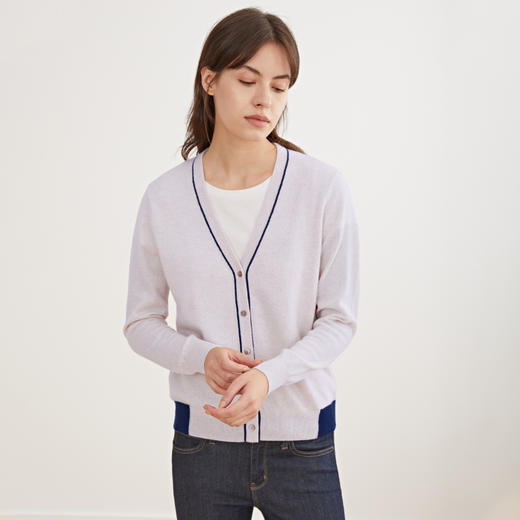 METTE羊绒世家2020秋冬新品女士100%山羊绒针织开衫V领撞色小外套 商品图2