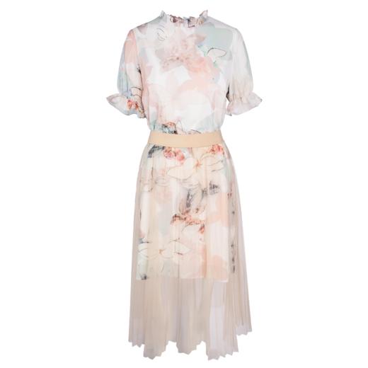 欧芮儿 夏装新款时尚两件套木耳边印花连衣裙女网纱半身裙套装 商品图4