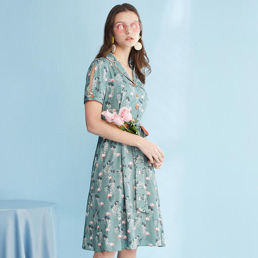 欧芮儿夏装新款短袖碎花连衣裙女系带收腰翻折V领中长裙子 商品图1