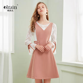 欧芮儿春新时尚套装白色长袖蕾丝衫女+背带连衣裙两件套