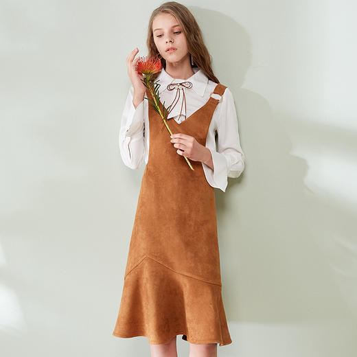 欧芮儿女装荷叶边麂皮绒无袖V领背带连衣裙女中长款 商品图4