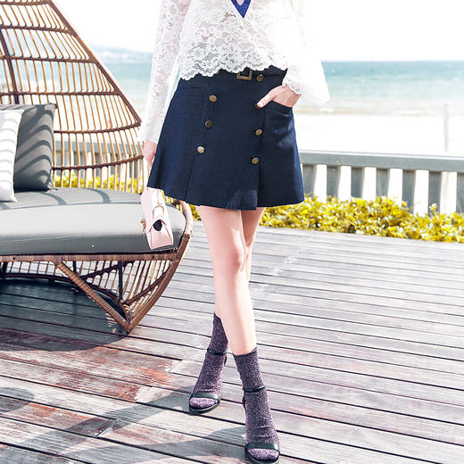 【欧芮儿春季品修身显瘦纯色牛仔半身裙休闲百搭a字裙短裙 商品图1