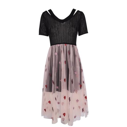 欧芮儿 夏装新款蕾丝拼接V领网纱绣花针织连衣裙女中长款裙子 商品图3