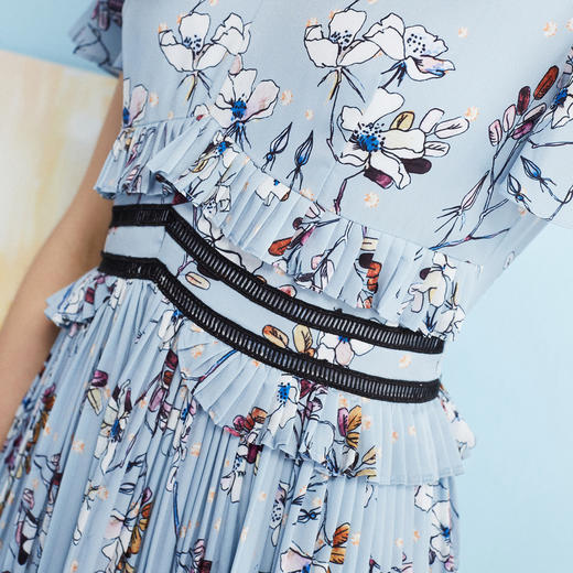 欧芮儿夏收腰显瘦V领荷叶袖印花百褶连衣裙女中长款 商品图3