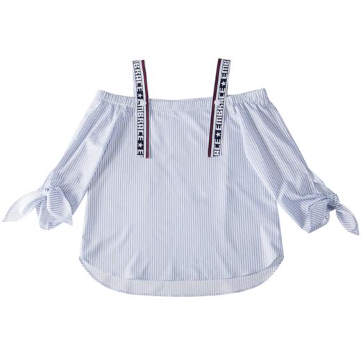 欧芮儿 秋装新款条纹衬衣女中袖字母一字领露肩衬衫女上衣 商品图4