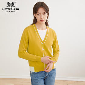METTE羊绒世家2020秋冬新品女士100%山羊绒针织开衫V领撞色小外套
