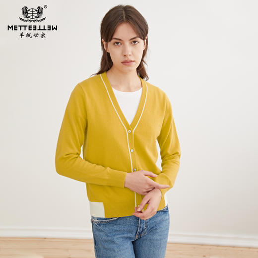 METTE羊绒世家2020秋冬新品女士100%山羊绒针织开衫V领撞色小外套 商品图0