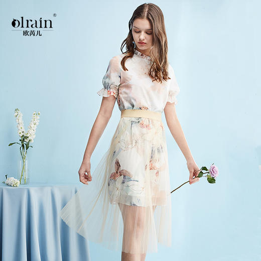 欧芮儿 夏装新款时尚两件套木耳边印花连衣裙女网纱半身裙套装 商品图0
