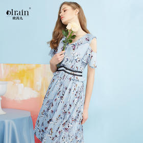 欧芮儿夏收腰显瘦V领荷叶袖印花百褶连衣裙女中长款
