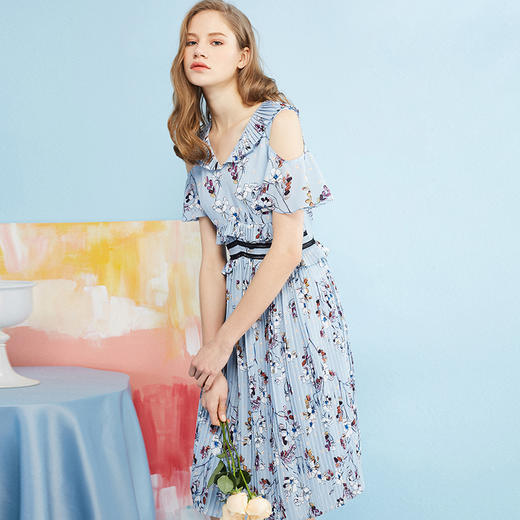 欧芮儿夏收腰显瘦V领荷叶袖印花百褶连衣裙女中长款 商品图1