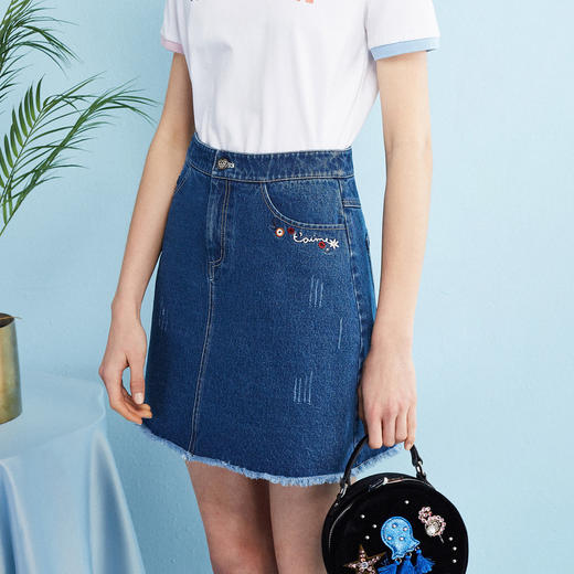 欧芮儿秋装女新款收腰显瘦a字裙女蓝色牛仔半身裙女短裙子 商品图0