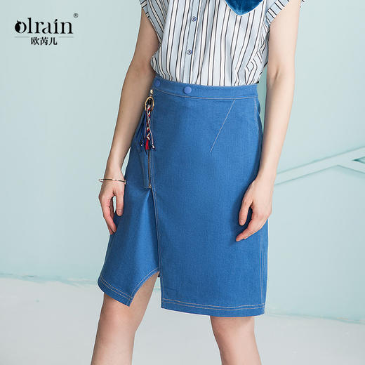 欧芮儿 开叉不规则牛仔裙女收腰a字半身裙 商品图0