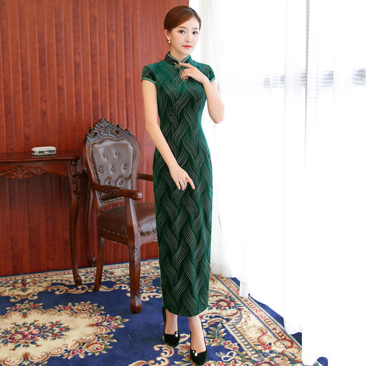 上海旗袍厂BJ-Q1039烫金秋季新款长款烫金旗袍 复古修身改良妈妈装旗袍连衣裙 商品图4