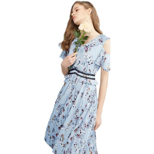 欧芮儿夏收腰显瘦V领荷叶袖印花百褶连衣裙女中长款 商品图4