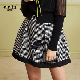欧芮儿女 复古英伦风格子条纹刺绣a字半身裙女短裙
