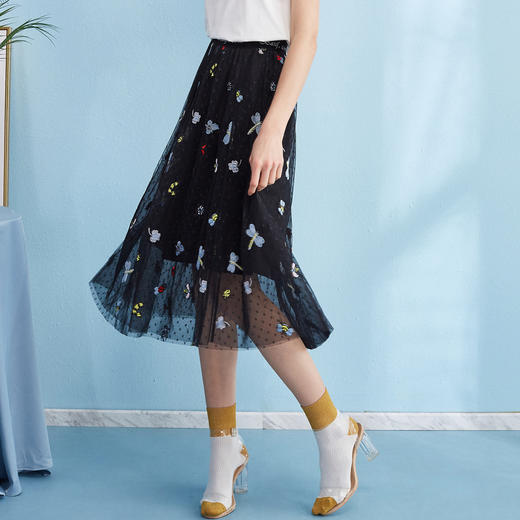 欧芮儿秋装女新款收腰显瘦黑色a字裙网纱半身裙女中长款潮 商品图0