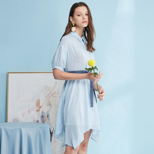 欧芮儿新款收腰方领不规则条纹衬衫连衣裙女中长款裙子 商品图1