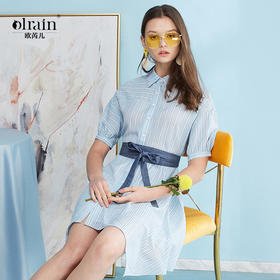 欧芮儿新款收腰方领不规则条纹衬衫连衣裙女中长款裙子