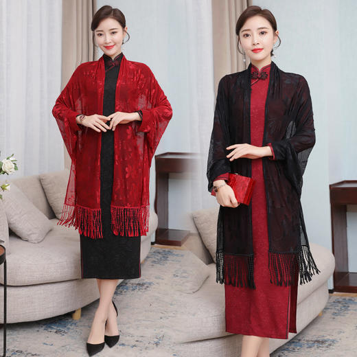 AHM-djgx8087-1+8129新款长袖中长款气质优雅复古提花流苏披肩两件套装 商品图0