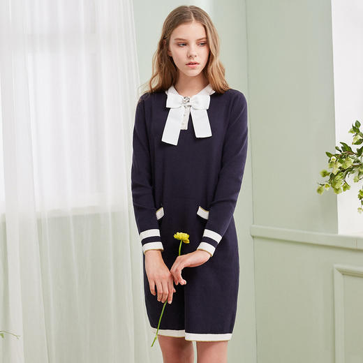 欧芮儿春装新显瘦蝴蝶结系带长袖针织连衣裙女中长款 商品图1