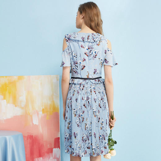 欧芮儿夏收腰显瘦V领荷叶袖印花百褶连衣裙女中长款 商品图2