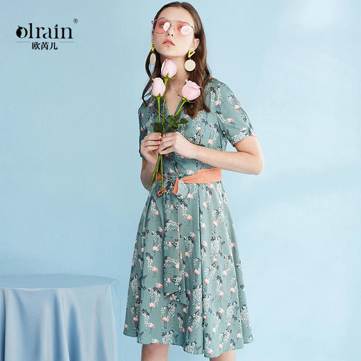 欧芮儿夏装新款短袖碎花连衣裙女系带收腰翻折V领中长裙子 商品图0