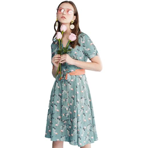 欧芮儿夏装新款短袖碎花连衣裙女系带收腰翻折V领中长裙子 商品图4