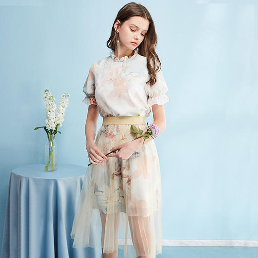 欧芮儿 夏装新款时尚两件套木耳边印花连衣裙女网纱半身裙套装 商品图1