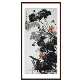 徐建斌《荷风珠露》68*138cm 花鸟竖幅作品 玄关/茶室挂画