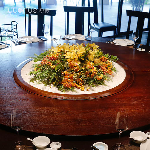 新中式酒店大餐桌花中央假仿真花圆形圆桌转盘餐厅高档装饰摆设件 商品图0