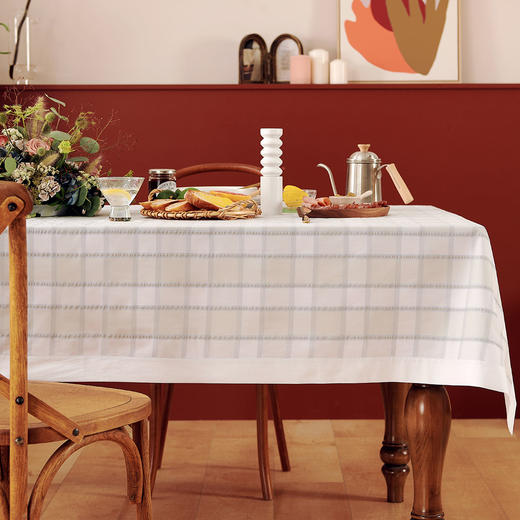阳春小镇餐桌布艺长方形家用白色格纹桌布 商品图2