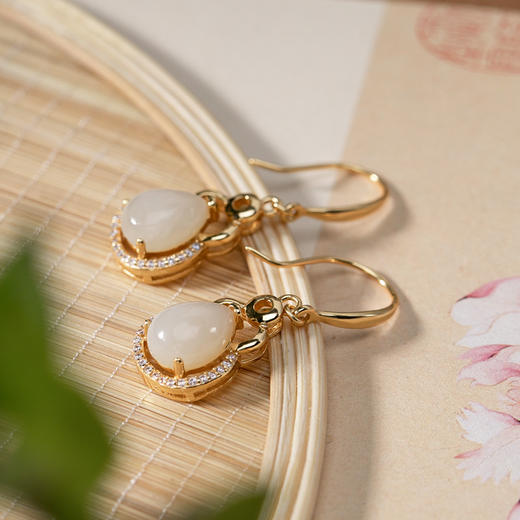 S925纯银镀金，镶嵌天然和田玉复古个性葫芦耳坠CW 商品图2