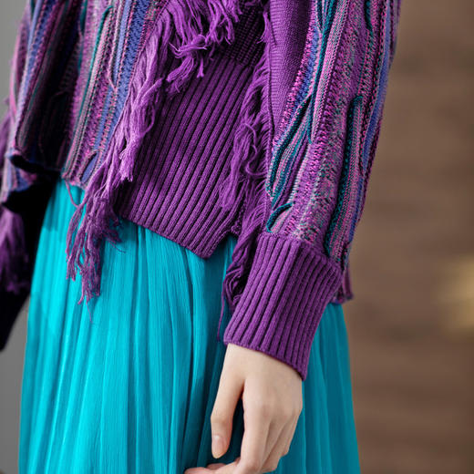 【林栖设计小店】2020秋冬新款暗紫色交襟V领复古短款流苏百搭针织毛衣女 商品图3