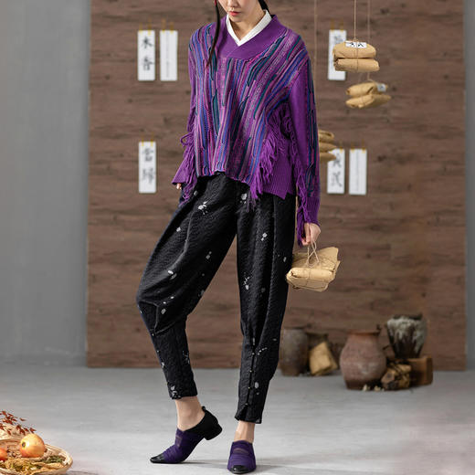 【林栖设计小店】2020秋冬新款暗紫色交襟V领复古短款流苏百搭针织毛衣女 商品图1