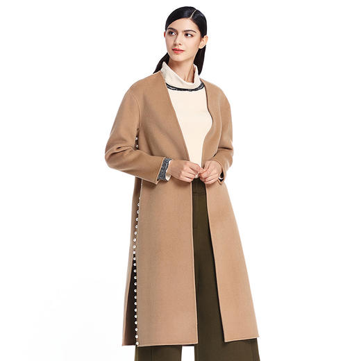 EITIE爱特爱女装冬季新款侧边开叉气质飘逸珍珠长款毛呢大衣5614310 商品图0