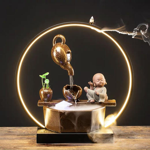 新款陶瓷禅意小和尚客厅桌面摆设品倒流香炉悬壶创意灯圈流水中式 商品图1