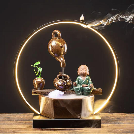 新款陶瓷禅意小和尚客厅桌面摆设品倒流香炉悬壶创意灯圈流水中式 商品图0