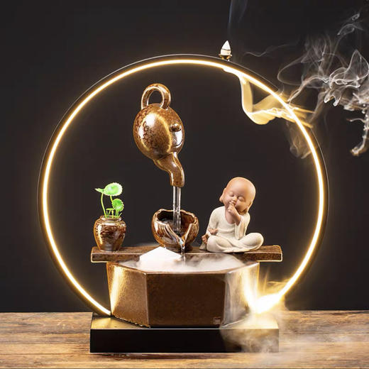 新款陶瓷禅意小和尚客厅桌面摆设品倒流香炉悬壶创意灯圈流水中式 商品图3