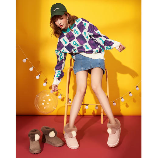 西村名物加厚雪地靴女冬季新款平底毛毛球雪地靴短靴女T284S41801 商品图0