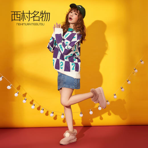 西村名物加厚雪地靴女冬季新款平底毛毛球雪地靴短靴女T284S41801 商品图2