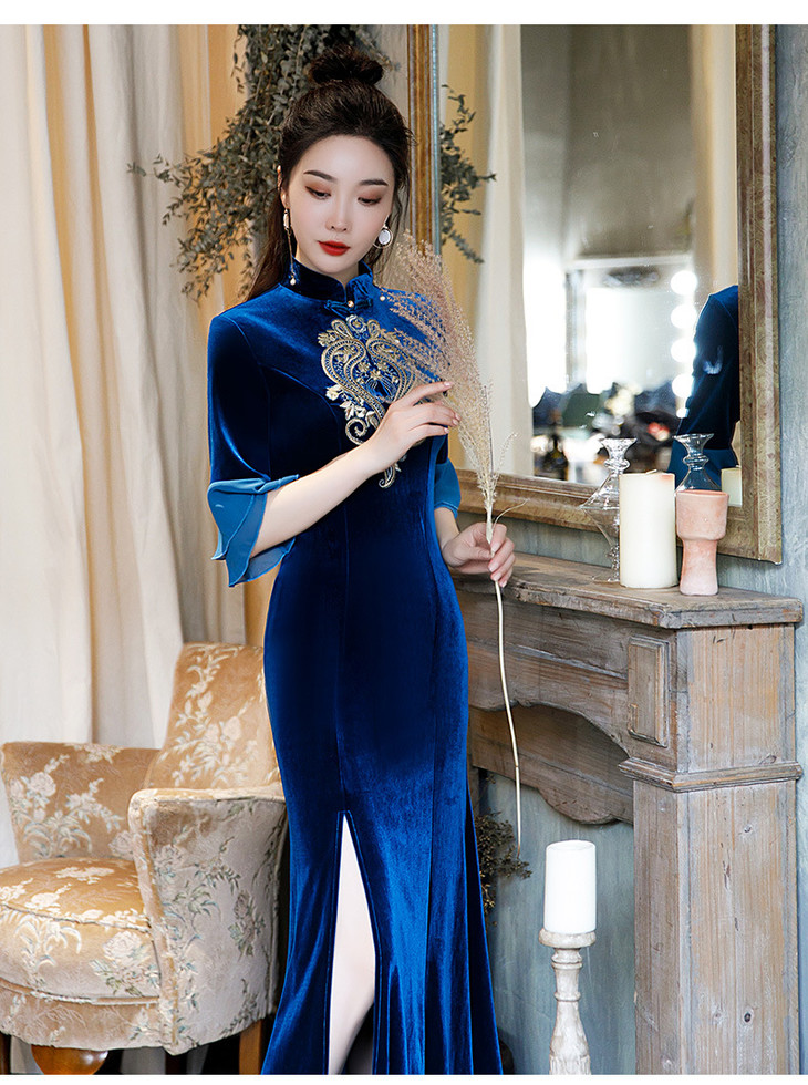 q 297 新款丝绒上款喇叭袖旗袍 日常修身高开叉宴会礼服旗袍连衣裙