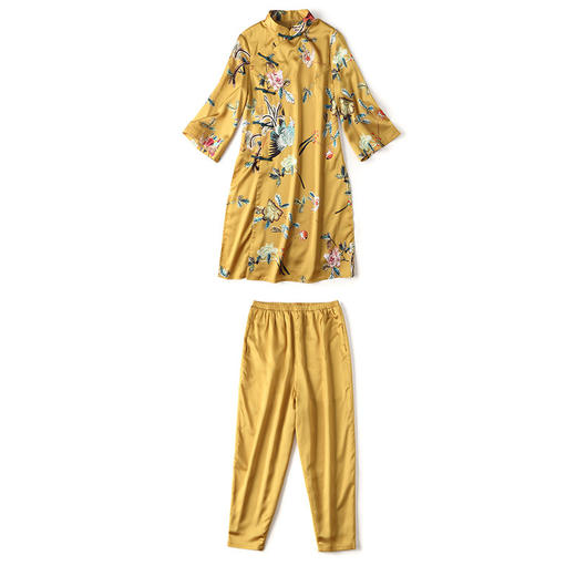 上海旗袍厂AYK-QF-190720印花旗袍唐装女长款+女裤秋季复古民国风修身旗袍唐装套装女 商品图3