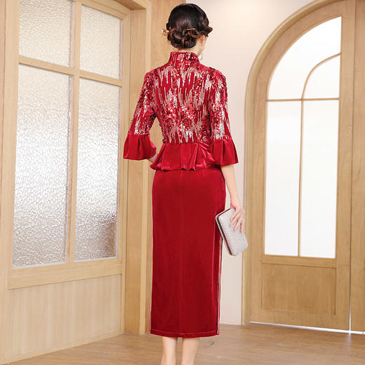 DLQ-A2623中式礼服红色丝绒款妈妈装旗袍裙套装女 商品图1