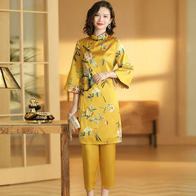 上海旗袍厂AYK-QF-190720印花旗袍唐装女长款+女裤秋季复古民国风修身旗袍唐装套装女