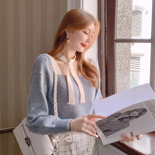 张心子初秋轻熟套装秋装2020新款气质蓝色毛衣格纹百褶裙两件套女U208122 商品图3