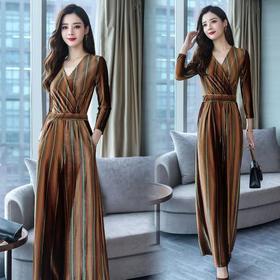 CQ-ZMFS88083新款时尚气质百搭V领长袖高腰条纹连体裤